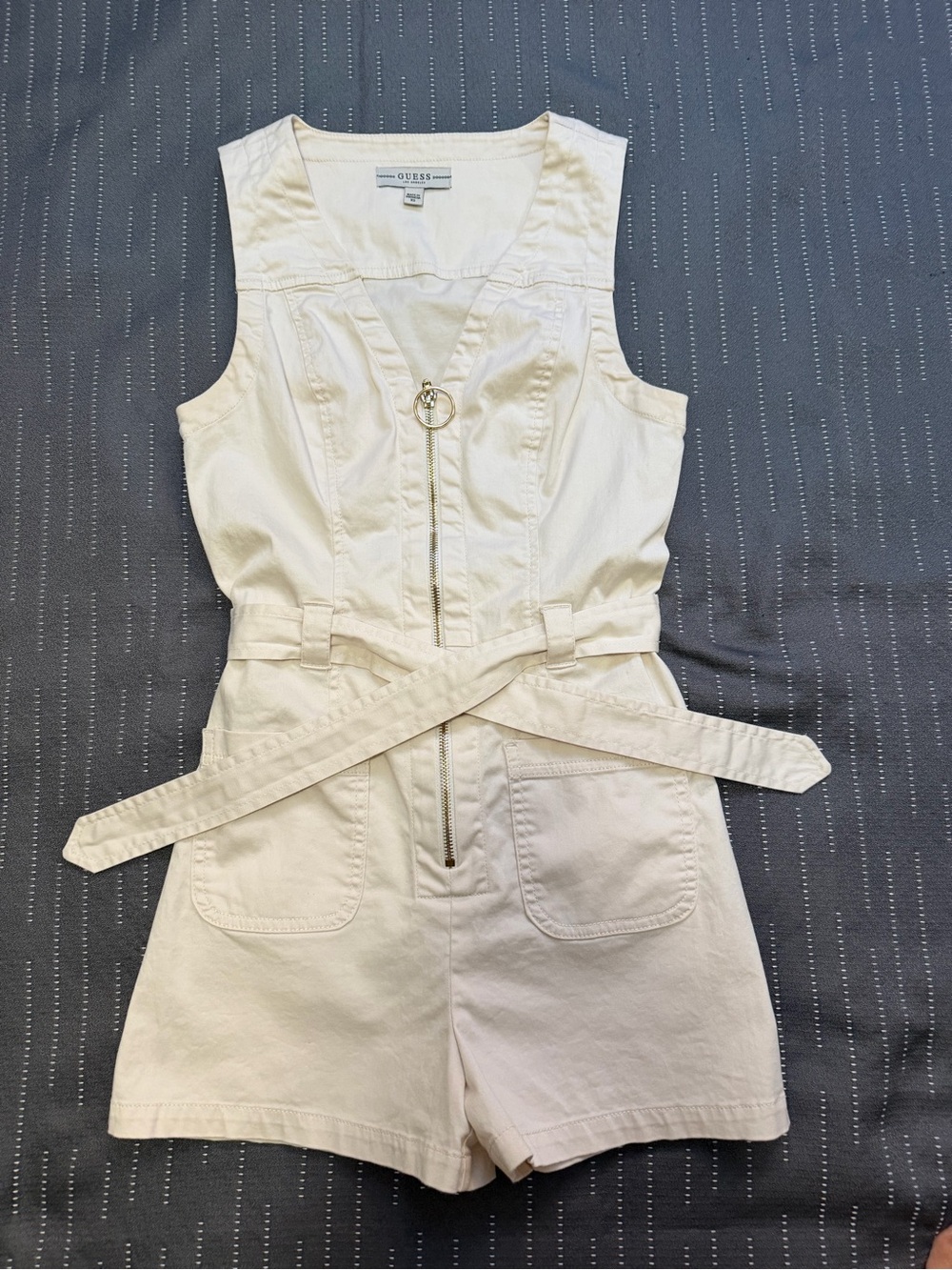 Guess Cream Zip-Front Sleeveless Utility Romper